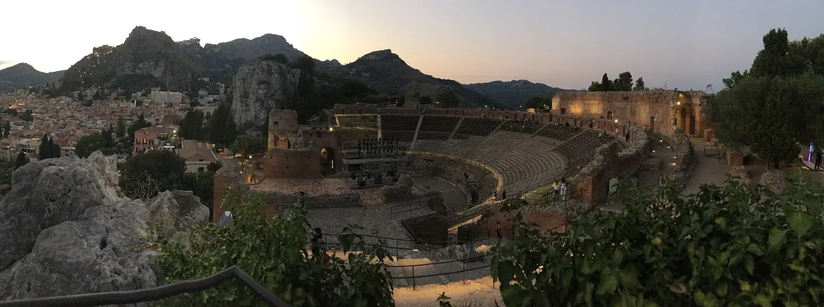The ancient theatre of Taormina in the evening